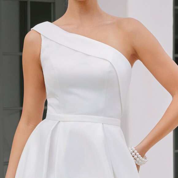 New One Shoulder White Wedding Tea Lenght Satin Gown w/ Side Pockets NX JE931W - Picture 4 of 8